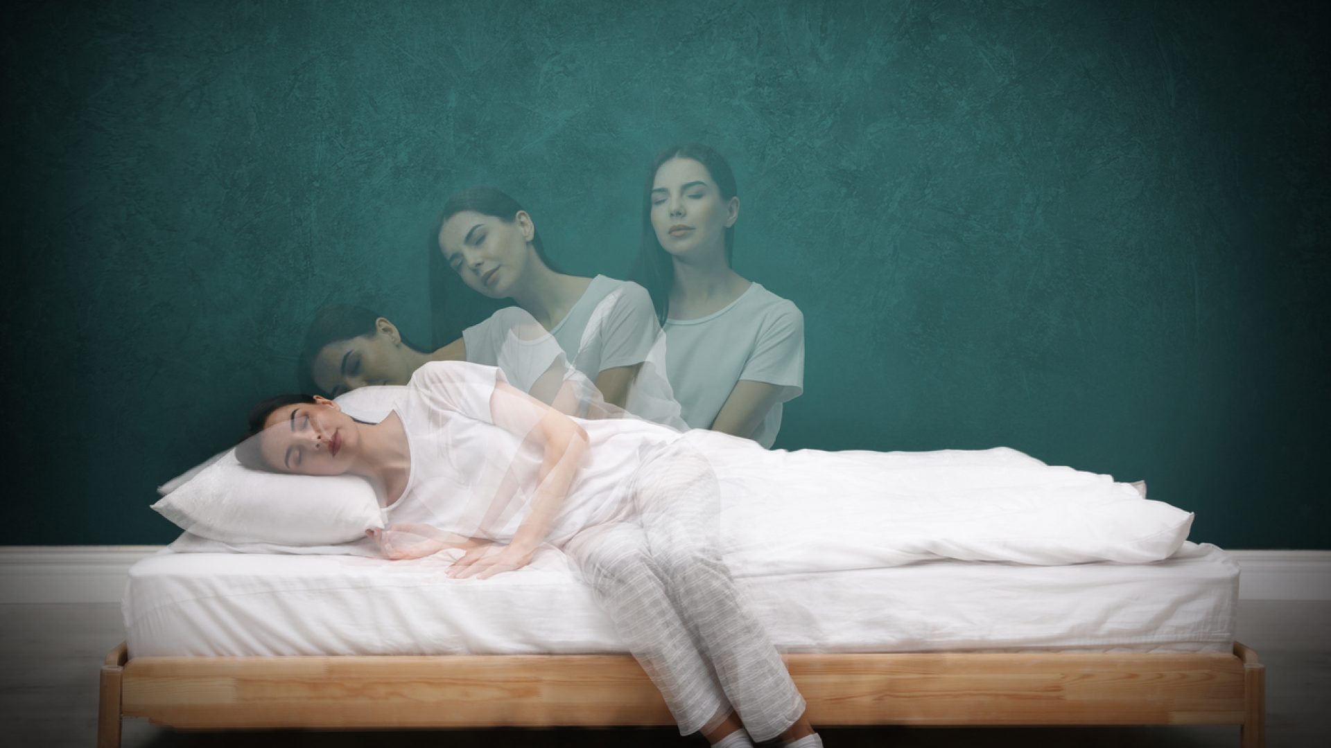 Somnambulist rising from bed near green wall indoors, multiple exposure. Sleepwalking
